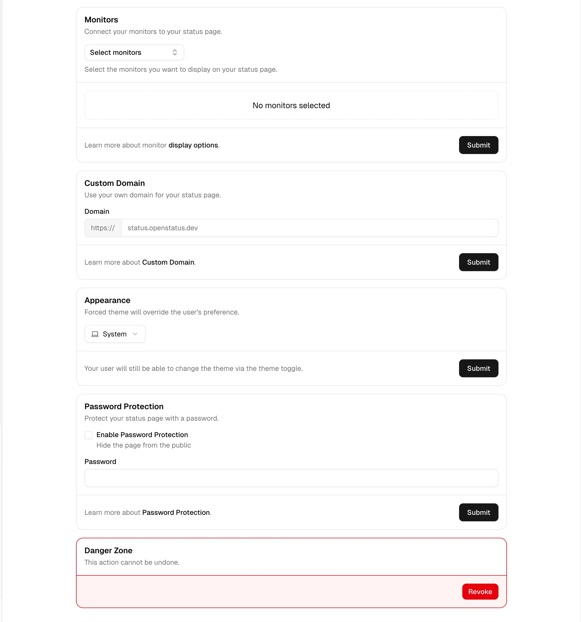 Status page configuration form showing title, slug, and monitor selection